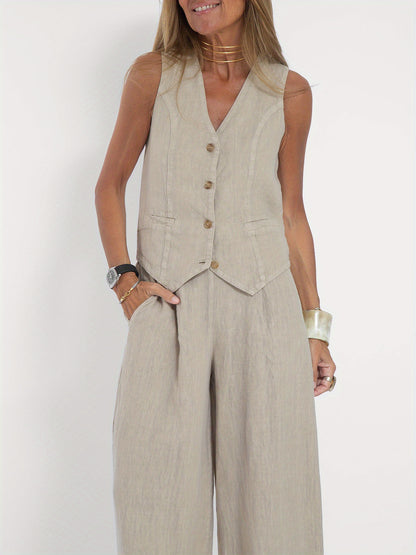 Stylish Two Piece Solid Color Vest and Pants Set for Women, Sleeveless V-Neck Vest with Buttons and Pockets, Wide Leg Pants, Fashionable Outfit for Any Occasion MyFave Boutique