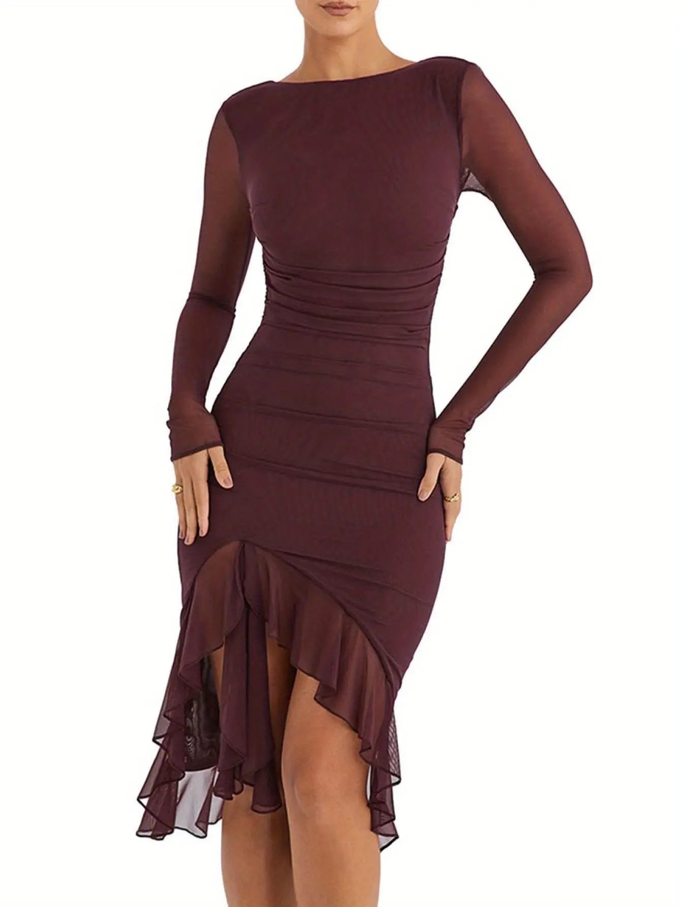 Women's Ruffled Midi Bodycon Dress - Elegant Solid Color, Long Sleeves, Backless Spring Dress for Parties and Cocktail Events MyFave Boutique