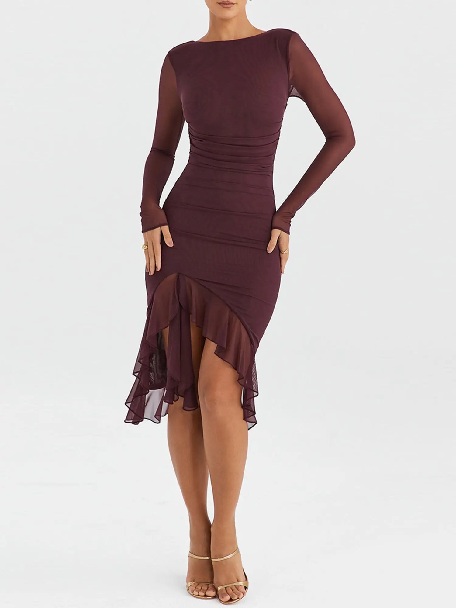 Women's Ruffled Midi Bodycon Dress - Elegant Solid Color, Long Sleeves, Backless Spring Dress for Parties and Cocktail Events MyFave Boutique