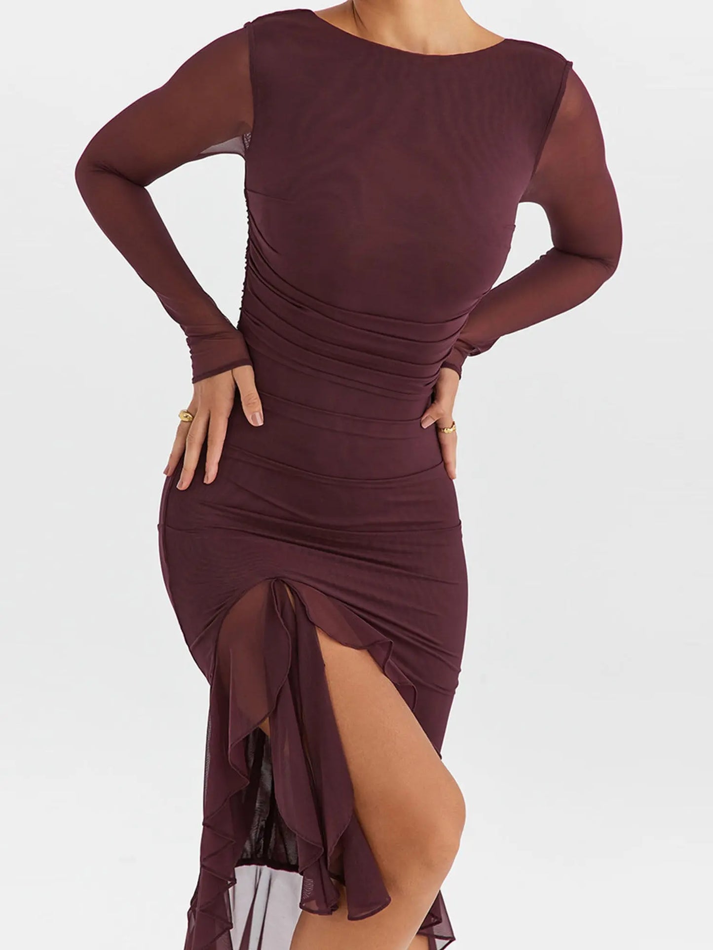 Women's Ruffled Midi Bodycon Dress - Elegant Solid Color, Long Sleeves, Backless Spring Dress for Parties and Cocktail Events MyFave Boutique