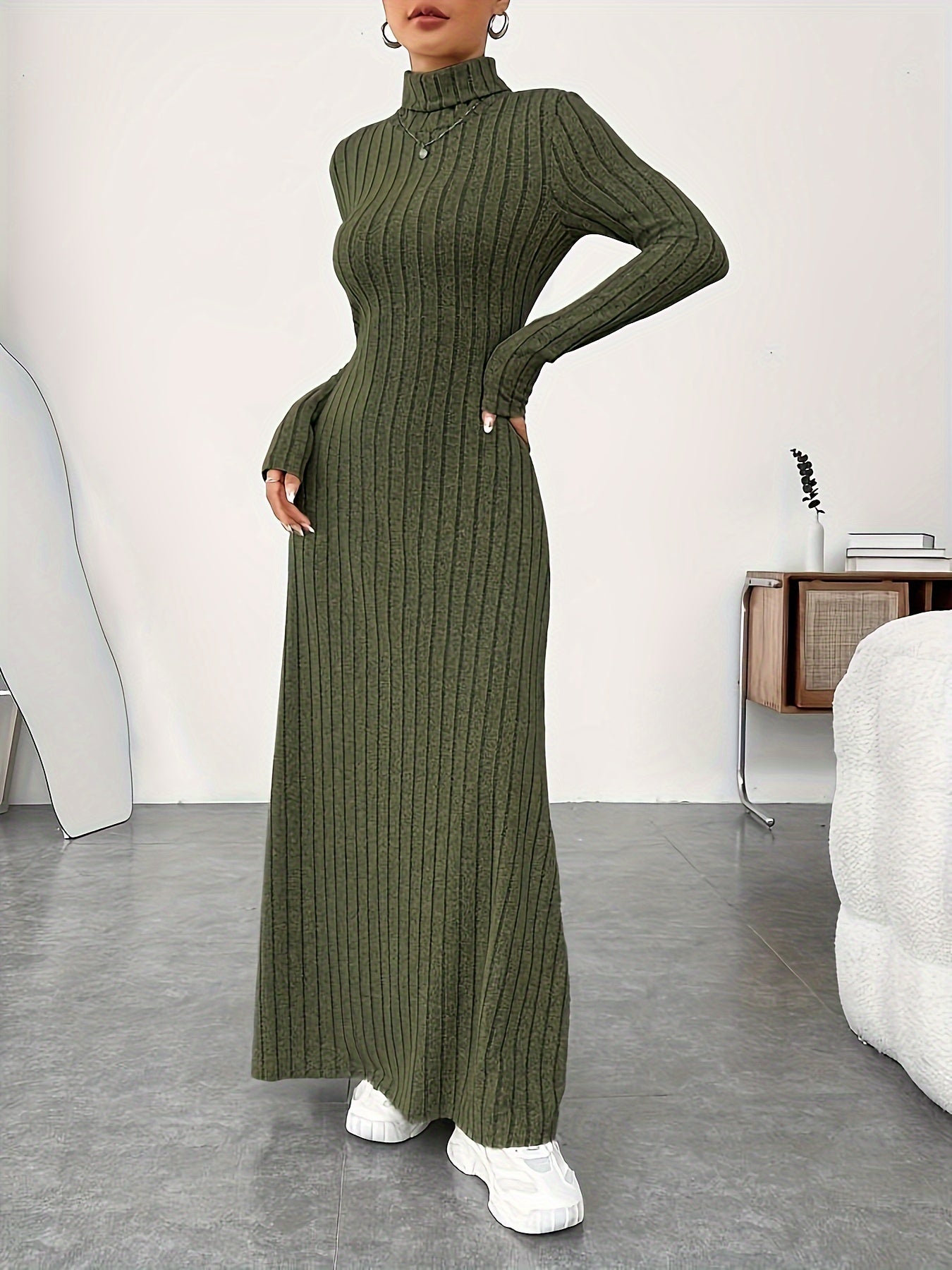 Solid Color Turtle Neck Ribbed Dress, Elegant Long Sleeve Flared Maxi Dress For Spring & Fall, Women's Clothing MyFave Boutique