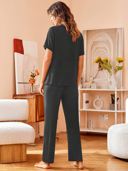 Women's 2-Piece Pajama Set, Lapel Collar Short Sleeve Button Down Top With Pants, Cozy Sleepwear For Spring/Fall MyFave Boutique