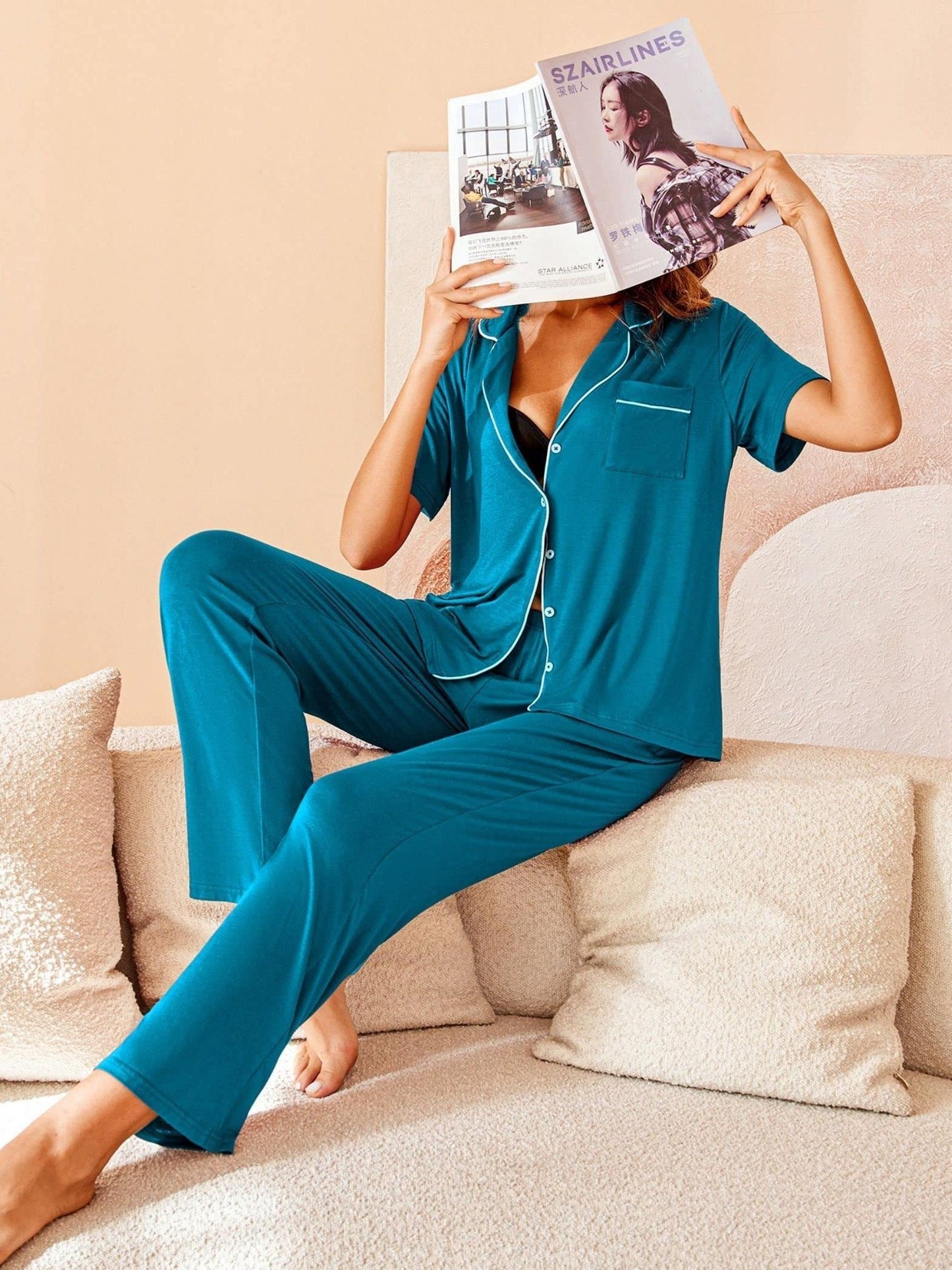 Women's 2-Piece Pajama Set, Lapel Collar Short Sleeve Button Down Top With Pants, Cozy Sleepwear For Spring/Fall MyFave Boutique