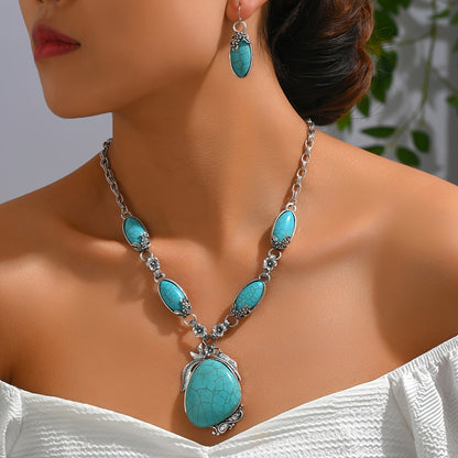 3pcs Bohemian Jewelry Set - Silver Alloy Necklace and Earrings with Turquoise Stones - Vintage Boho Accessories for Women, Beach Holiday, Gift Christmas Halloween Gift MyFave Boutique