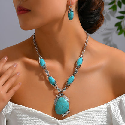 3pcs Bohemian Jewelry Set - Silver Alloy Necklace and Earrings with Turquoise Stones - Vintage Boho Accessories for Women, Beach Holiday, Gift Christmas Halloween Gift MyFave Boutique