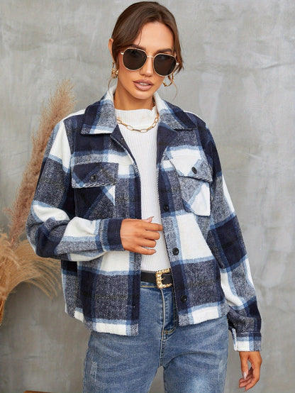 Single Breasted Woolen Plaid Jacket For Women MyFave Boutique