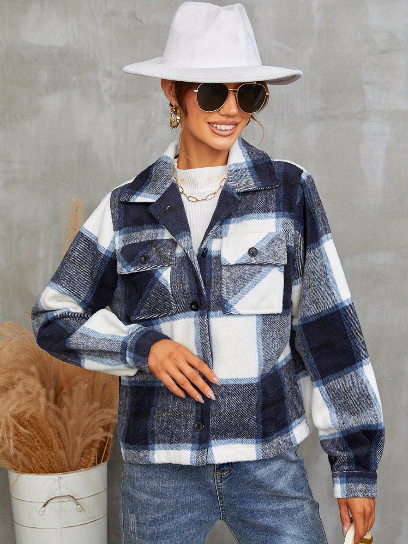 Single Breasted Woolen Plaid Jacket For Women MyFave Boutique