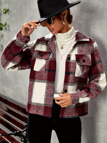 Single Breasted Woolen Plaid Jacket For Women MyFave Boutique