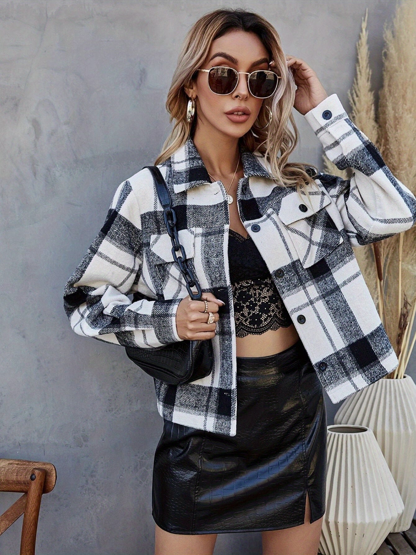 Single Breasted Woolen Plaid Jacket For Women MyFave Boutique