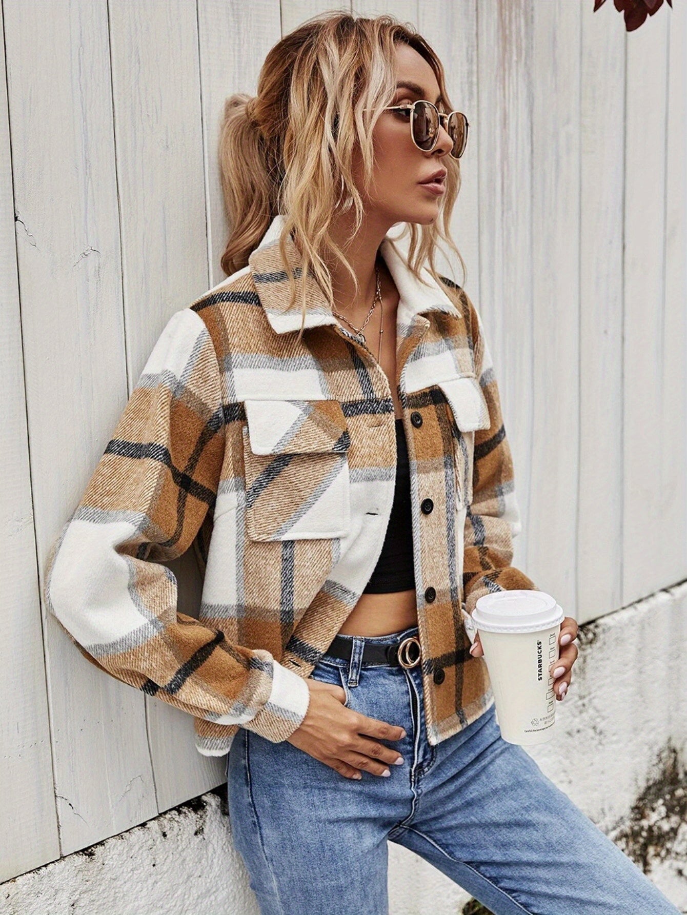 Single Breasted Woolen Plaid Jacket For Women MyFave Boutique