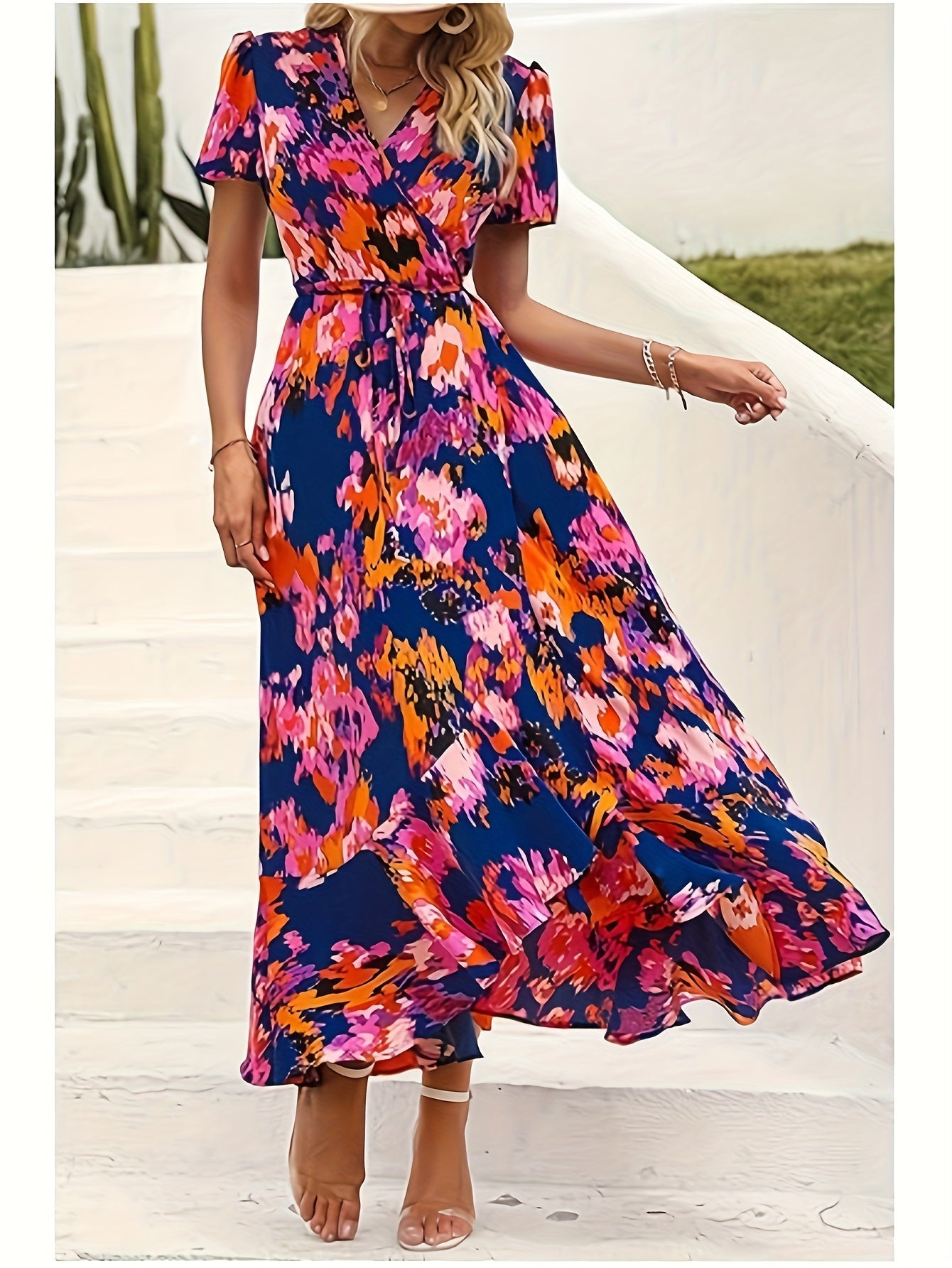 Women's Summer Wrap Maxi Dress Casual Boho Floral V Neck Short Sleeve Ruffle Hem Split Beach Long Dresses MyFave Boutique