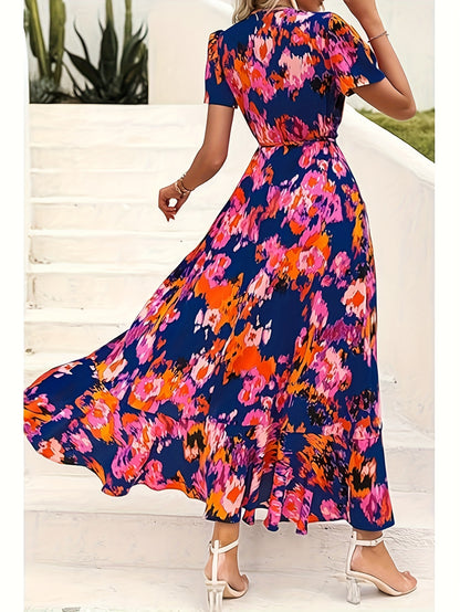 Women's Summer Wrap Maxi Dress Casual Boho Floral V Neck Short Sleeve Ruffle Hem Split Beach Long Dresses MyFave Boutique