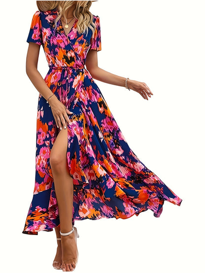 Women's Summer Wrap Maxi Dress Casual Boho Floral V Neck Short Sleeve Ruffle Hem Split Beach Long Dresses MyFave Boutique