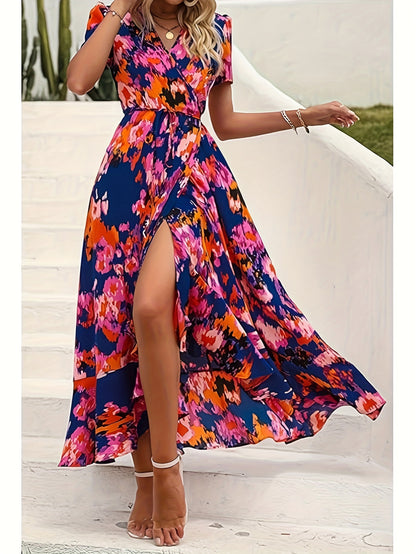 Women's Summer Wrap Maxi Dress Casual Boho Floral V Neck Short Sleeve Ruffle Hem Split Beach Long Dresses MyFave Boutique