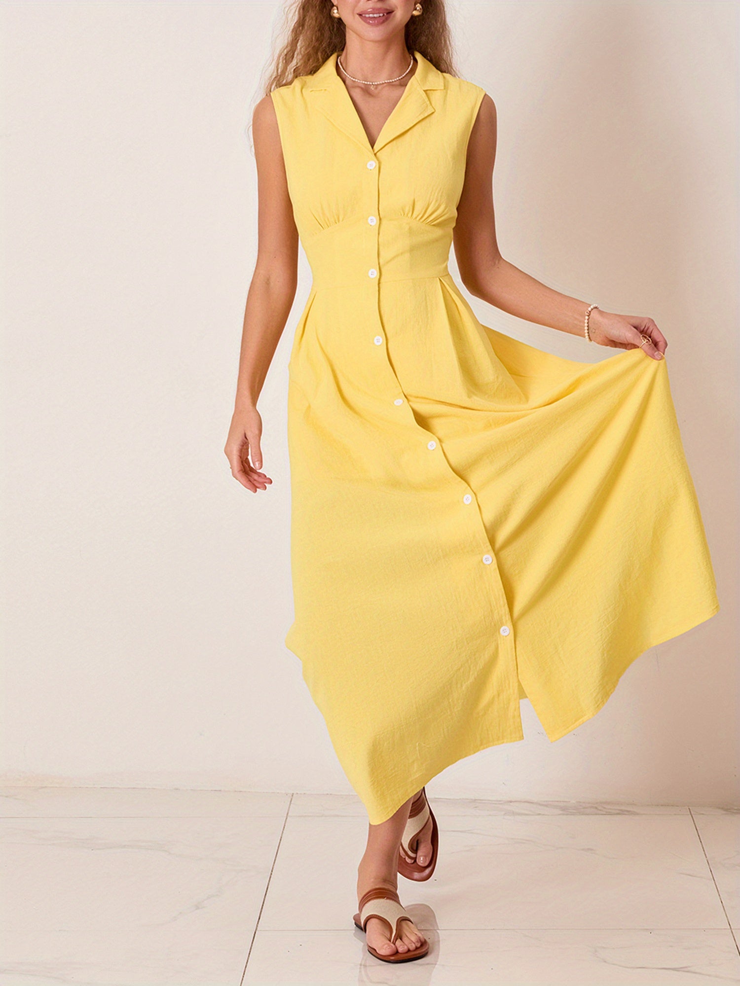 Solid Color Button Front Dress, Casual Sleeveless Ruched Tank Dress For Spring & Summer, Women's Clothing MyFave Boutique