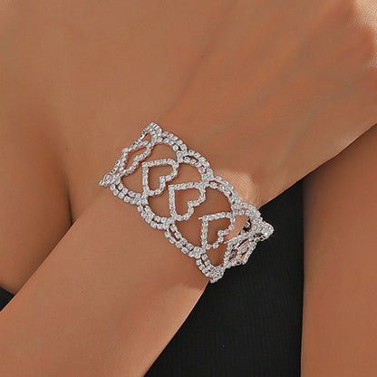 Elegant Rhinestone Heart Bracelet with Full Diamond Wide Band - Fashionable Peach Heart Hand Jewelry MyFave Boutique