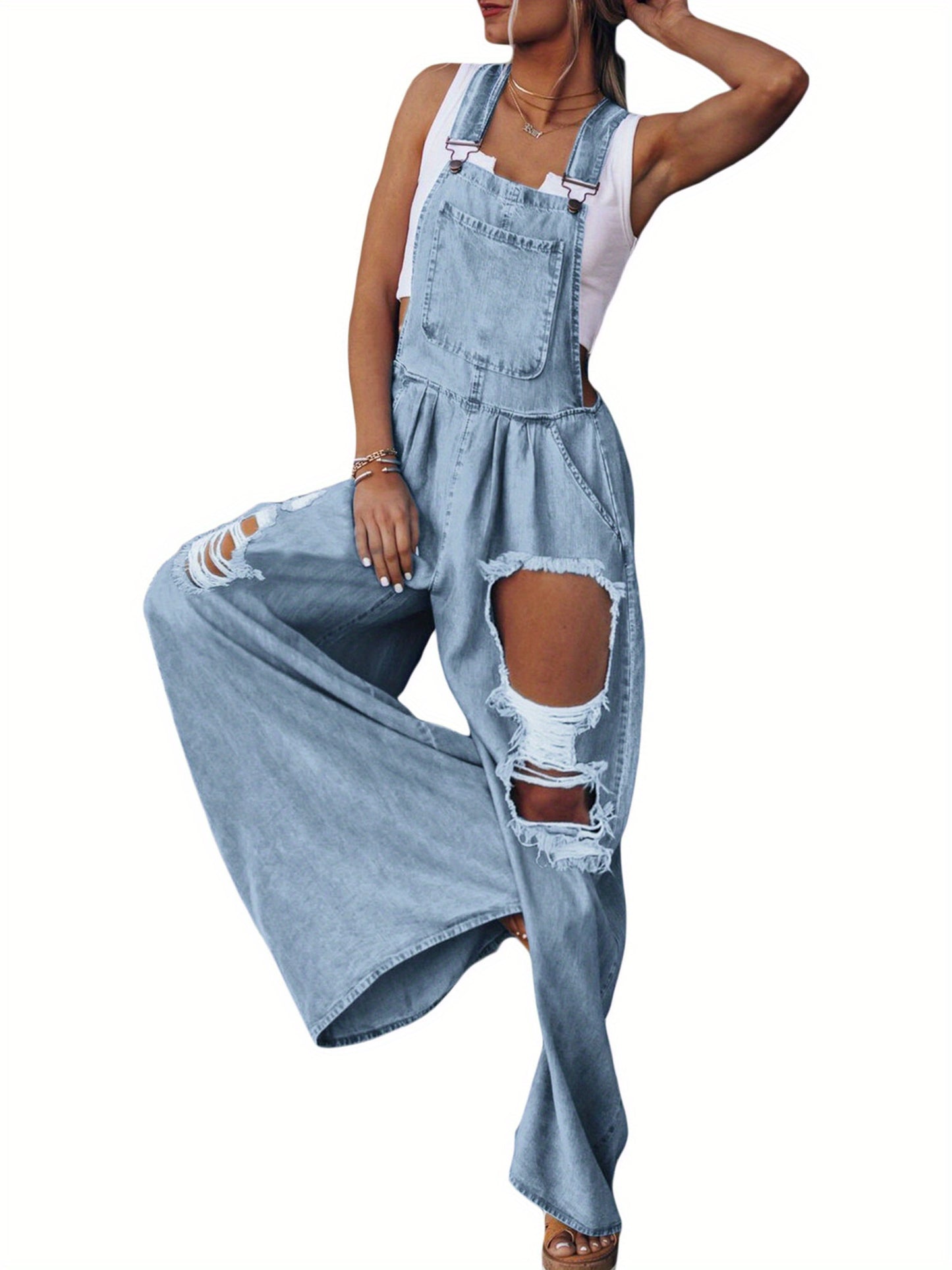 Women's Adjustable Shoulder Strap Jeans Jumpsuit with Pocket Decoration - Loose Fit Spring Clothing MyFave Boutique