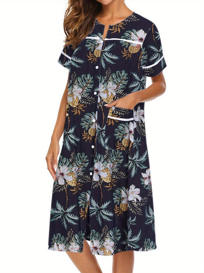 Women's Tropical Floral Print Button-Front Lounge Dress With Pockets, Short Sleeve Round Neck Comfortable House Robe MyFave Boutique