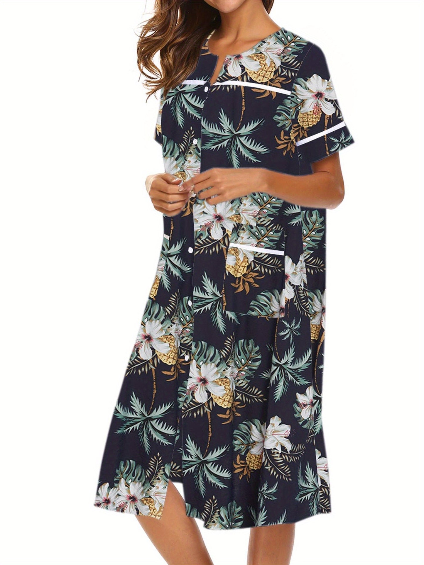 Women's Tropical Floral Print Button-Front Lounge Dress With Pockets, Short Sleeve Round Neck Comfortable House Robe MyFave Boutique