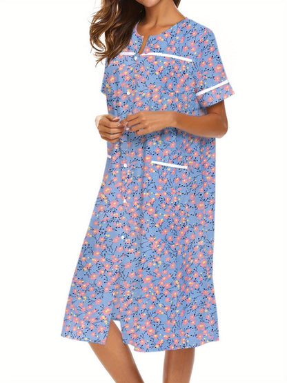 Women's Tropical Floral Print Button-Front Lounge Dress With Pockets, Short Sleeve Round Neck Comfortable House Robe MyFave Boutique