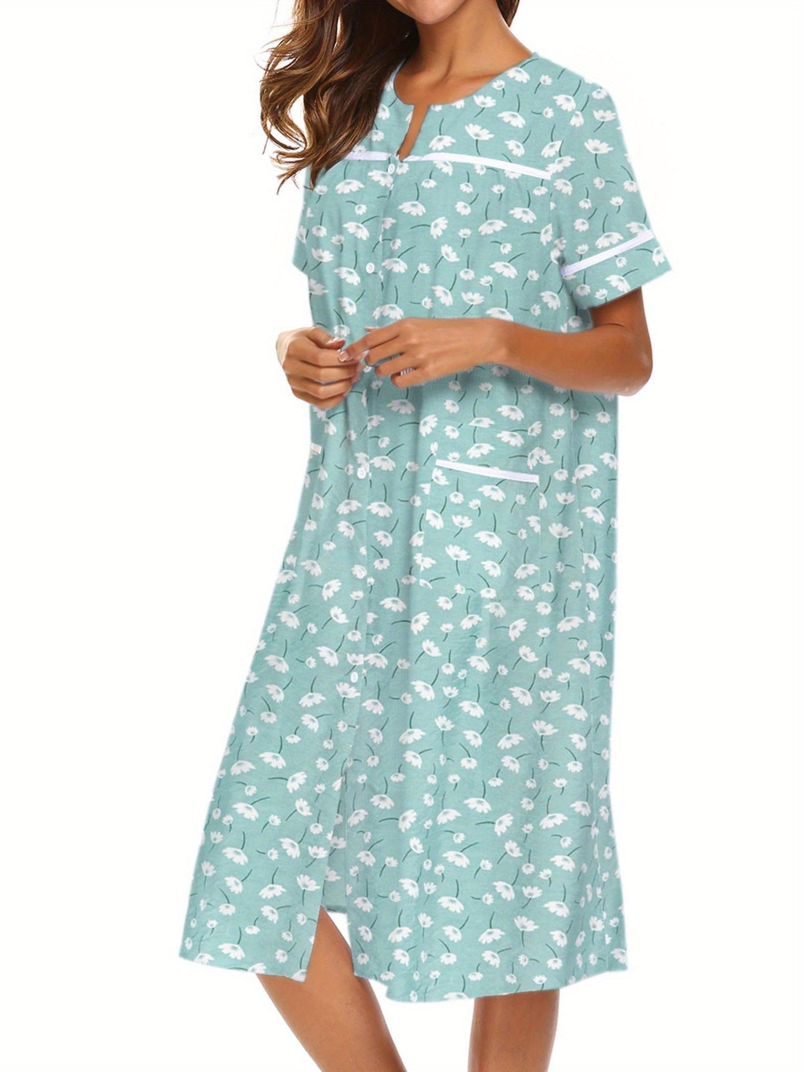 Women's Tropical Floral Print Button-Front Lounge Dress With Pockets, Short Sleeve Round Neck Comfortable House Robe MyFave Boutique