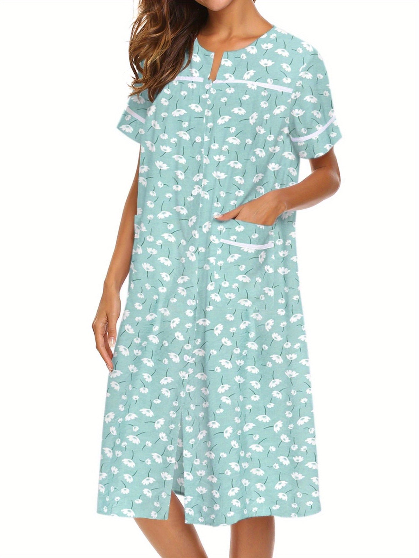 Women's Tropical Floral Print Button-Front Lounge Dress With Pockets, Short Sleeve Round Neck Comfortable House Robe MyFave Boutique