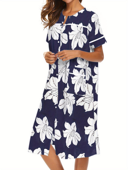 Women's Tropical Floral Print Button-Front Lounge Dress With Pockets, Short Sleeve Round Neck Comfortable House Robe MyFave Boutique