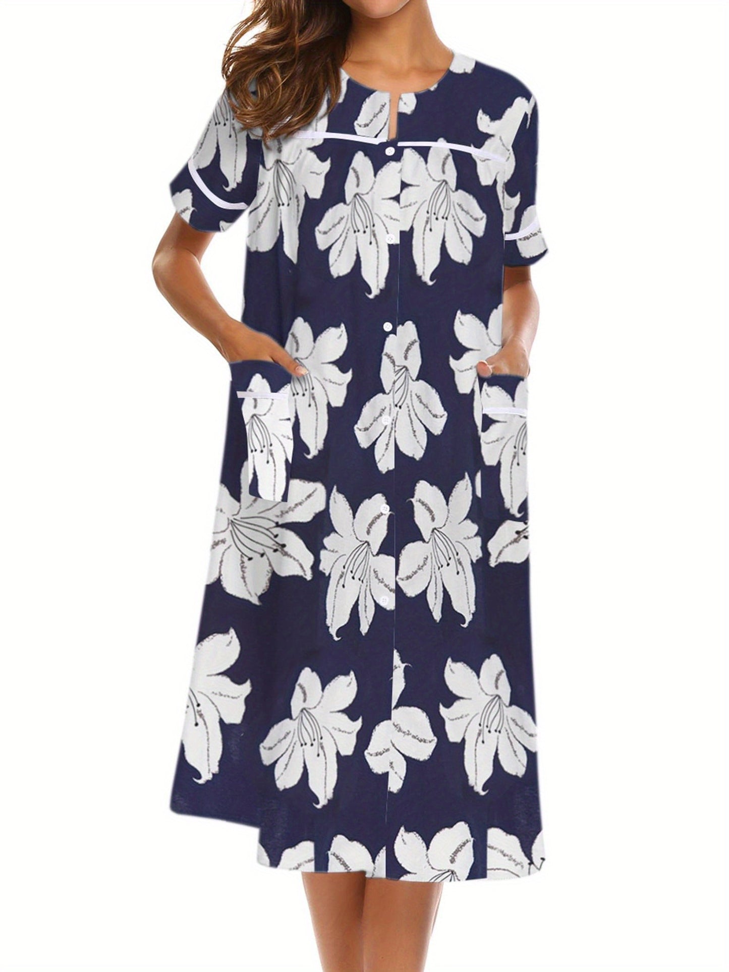 Women's Tropical Floral Print Button-Front Lounge Dress With Pockets, Short Sleeve Round Neck Comfortable House Robe MyFave Boutique