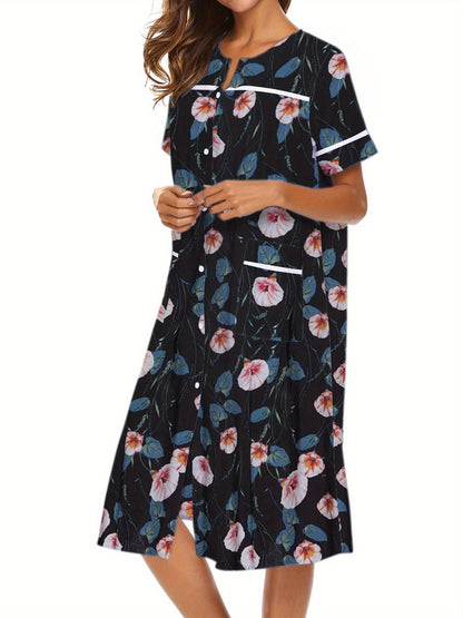 Women's Tropical Floral Print Button-Front Lounge Dress With Pockets, Short Sleeve Round Neck Comfortable House Robe MyFave Boutique