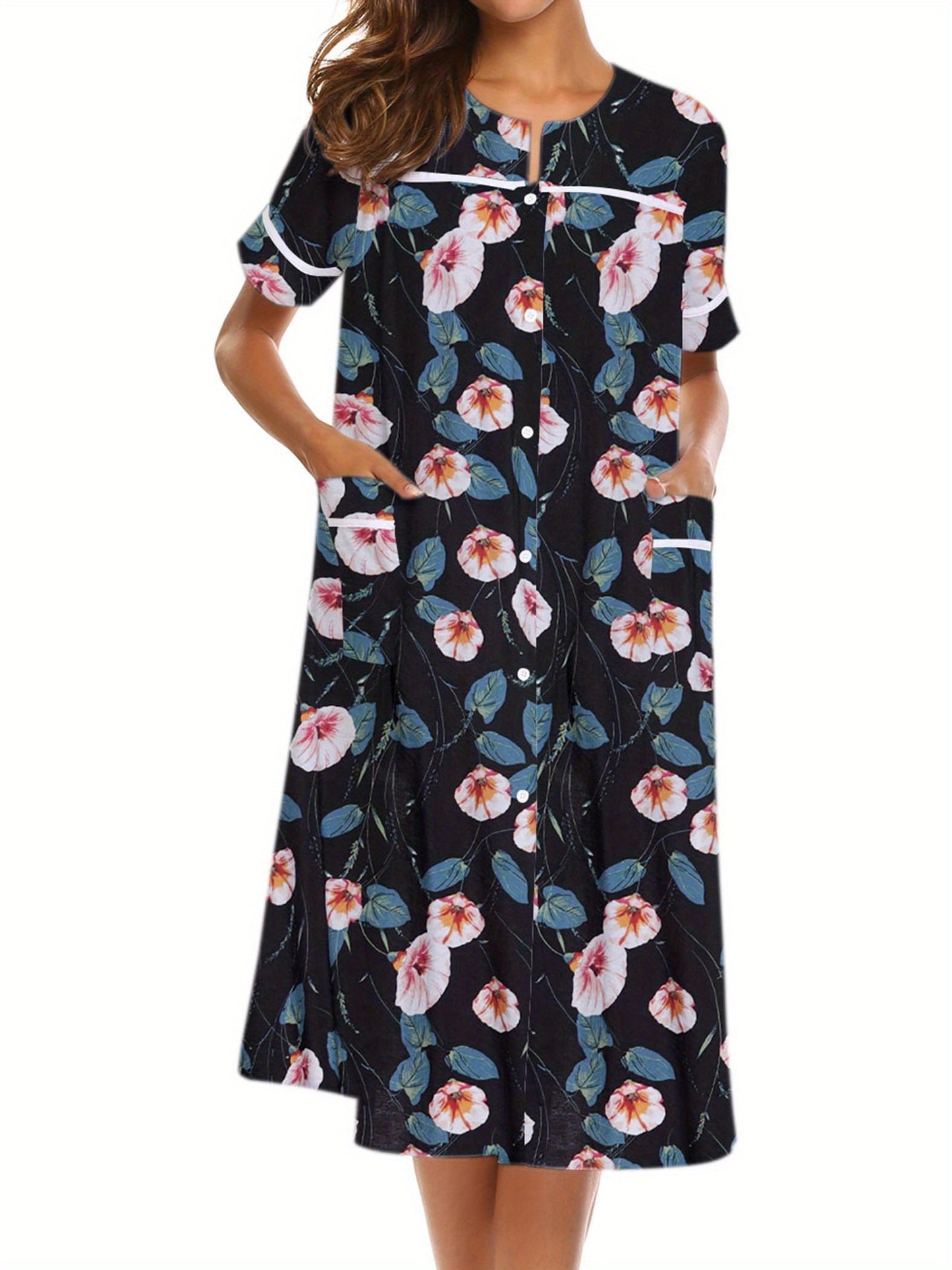 Women's Tropical Floral Print Button-Front Lounge Dress With Pockets, Short Sleeve Round Neck Comfortable House Robe MyFave Boutique