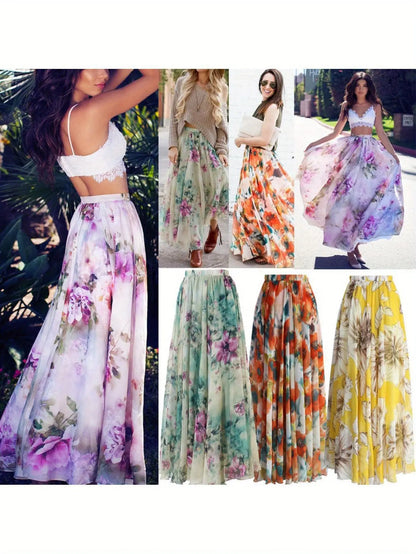 Women' s Chiffon Boho Skirt Sexy Floral Long Skirt High Waist Flared Pleated Beach Skirt MyFave Boutique