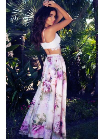 Women' s Chiffon Boho Skirt Sexy Floral Long Skirt High Waist Flared Pleated Beach Skirt MyFave Boutique