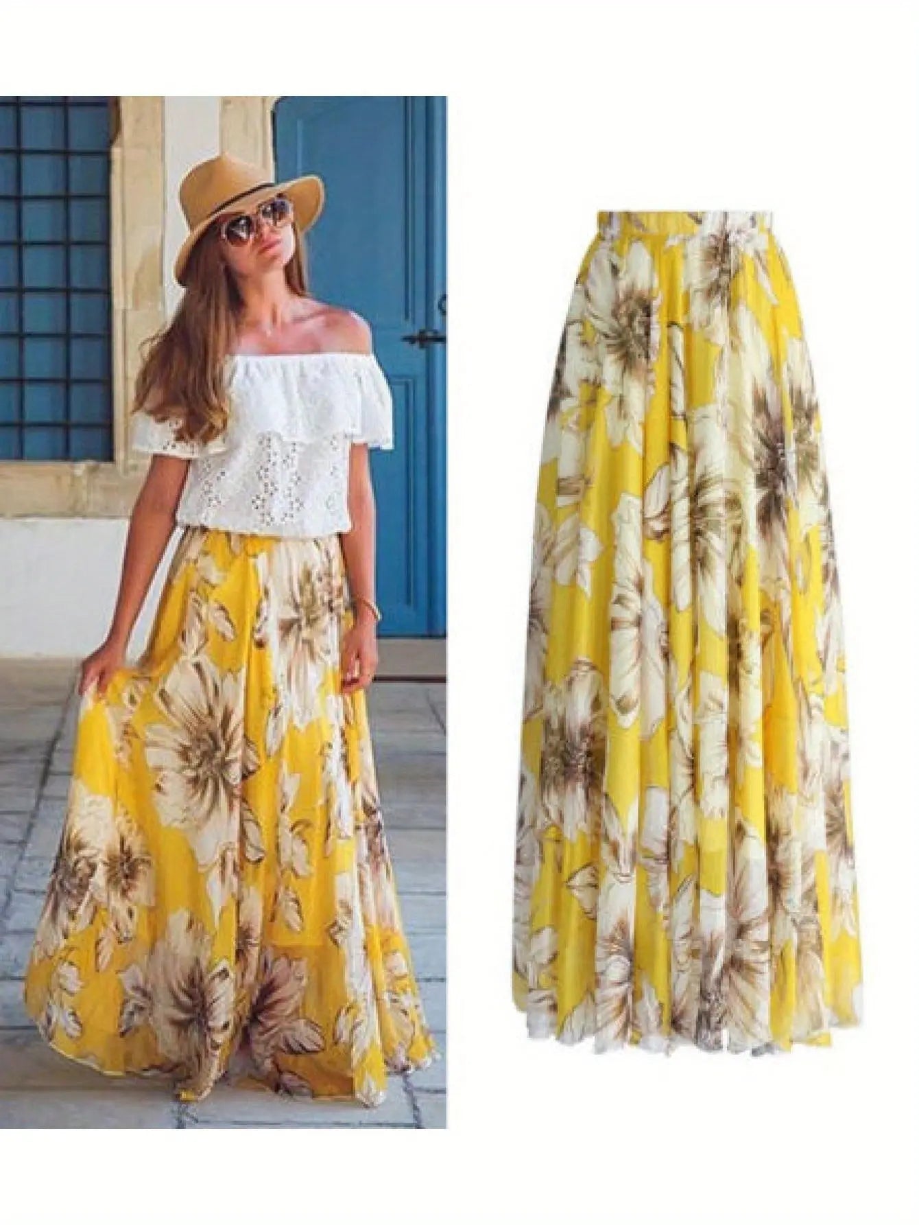 Women' s Chiffon Boho Skirt Sexy Floral Long Skirt High Waist Flared Pleated Beach Skirt MyFave Boutique