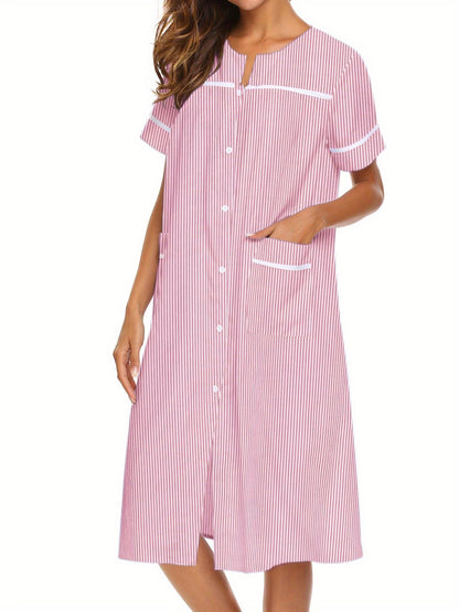 Ladies Nightdress Crew Neck Sleepwear Duster Housecoat  Stripe Print House Dress for Women with Pockets Sleep Dress Womens Button Down Loungewear Casual Pajama Dress Plus Sizes Sleepshirt Short Sleeve Patio Dress Nightgown S-XXL Comfy House Dress MyFave Boutique