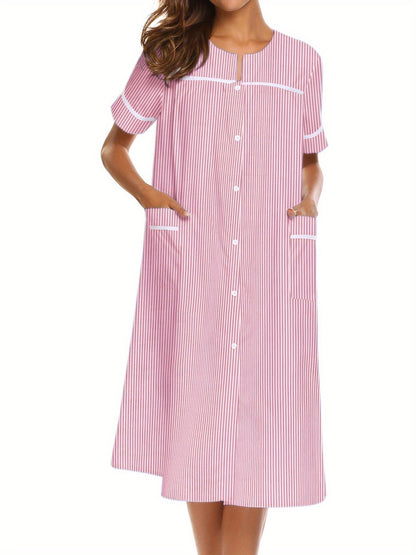 Ladies Nightdress Crew Neck Sleepwear Duster Housecoat  Stripe Print House Dress for Women with Pockets Sleep Dress Womens Button Down Loungewear Casual Pajama Dress Plus Sizes Sleepshirt Short Sleeve Patio Dress Nightgown S-XXL Comfy House Dress MyFave Boutique