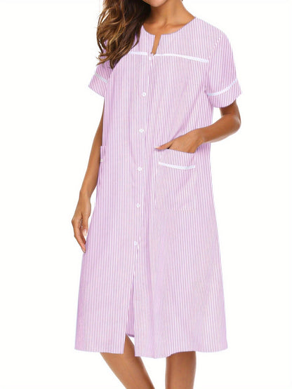 Ladies Nightdress Crew Neck Sleepwear Duster Housecoat  Stripe Print House Dress for Women with Pockets Sleep Dress Womens Button Down Loungewear Casual Pajama Dress Plus Sizes Sleepshirt Short Sleeve Patio Dress Nightgown S-XXL Comfy House Dress MyFave Boutique