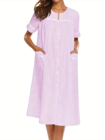 Ladies Nightdress Crew Neck Sleepwear Duster Housecoat  Stripe Print House Dress for Women with Pockets Sleep Dress Womens Button Down Loungewear Casual Pajama Dress Plus Sizes Sleepshirt Short Sleeve Patio Dress Nightgown S-XXL Comfy House Dress MyFave Boutique