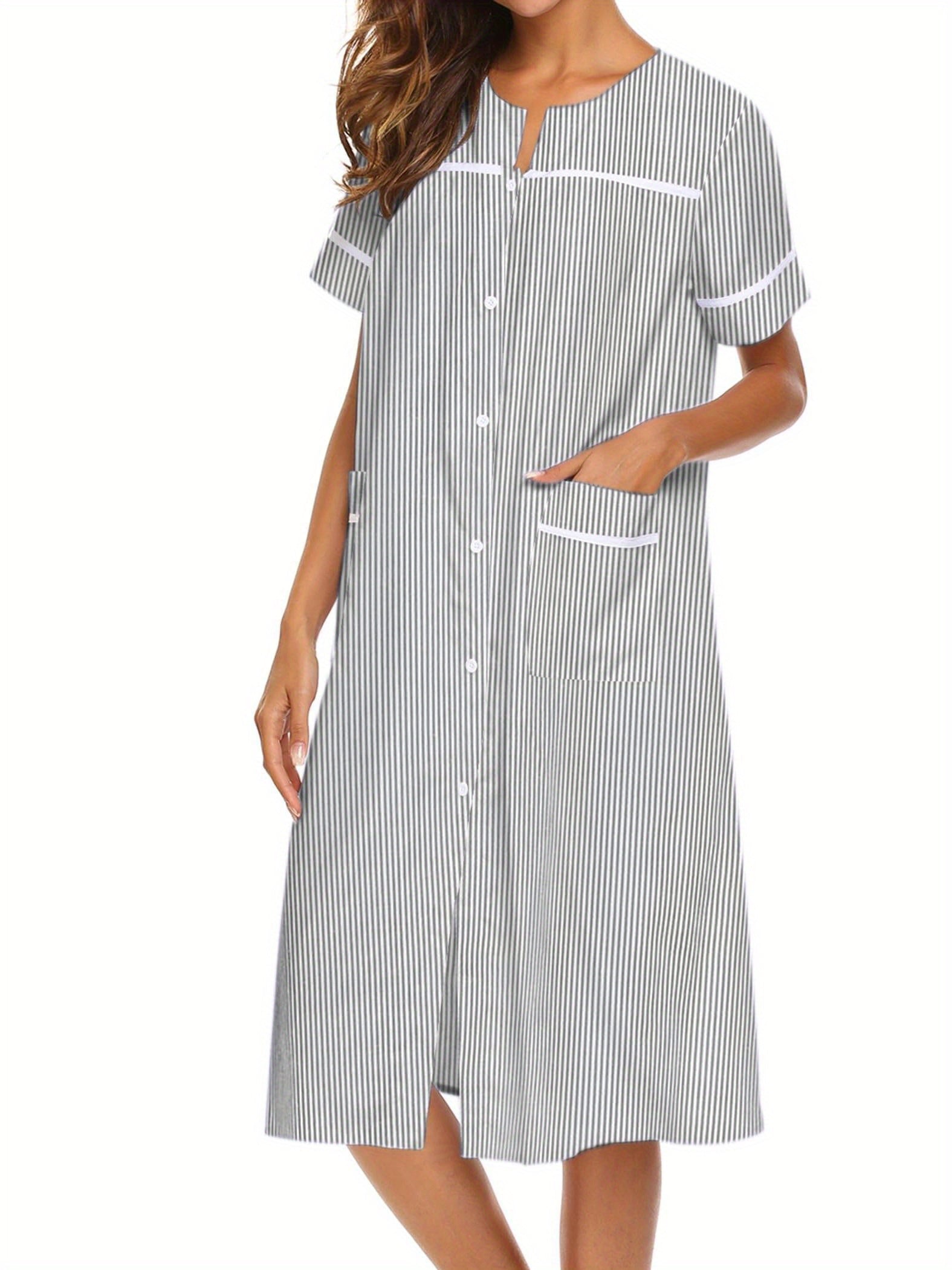 Ladies Nightdress Crew Neck Sleepwear Duster Housecoat  Stripe Print House Dress for Women with Pockets Sleep Dress Womens Button Down Loungewear Casual Pajama Dress Plus Sizes Sleepshirt Short Sleeve Patio Dress Nightgown S-XXL Comfy House Dress MyFave Boutique