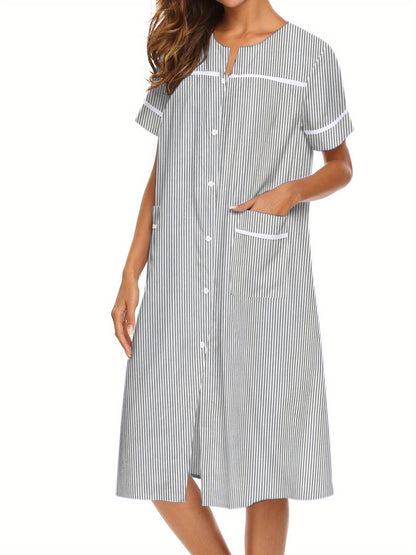 Ladies Nightdress Crew Neck Sleepwear Duster Housecoat  Stripe Print House Dress for Women with Pockets Sleep Dress Womens Button Down Loungewear Casual Pajama Dress Plus Sizes Sleepshirt Short Sleeve Patio Dress Nightgown S-XXL Comfy House Dress MyFave Boutique