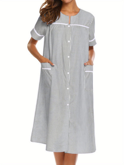 Ladies Nightdress Crew Neck Sleepwear Duster Housecoat  Stripe Print House Dress for Women with Pockets Sleep Dress Womens Button Down Loungewear Casual Pajama Dress Plus Sizes Sleepshirt Short Sleeve Patio Dress Nightgown S-XXL Comfy House Dress MyFave Boutique