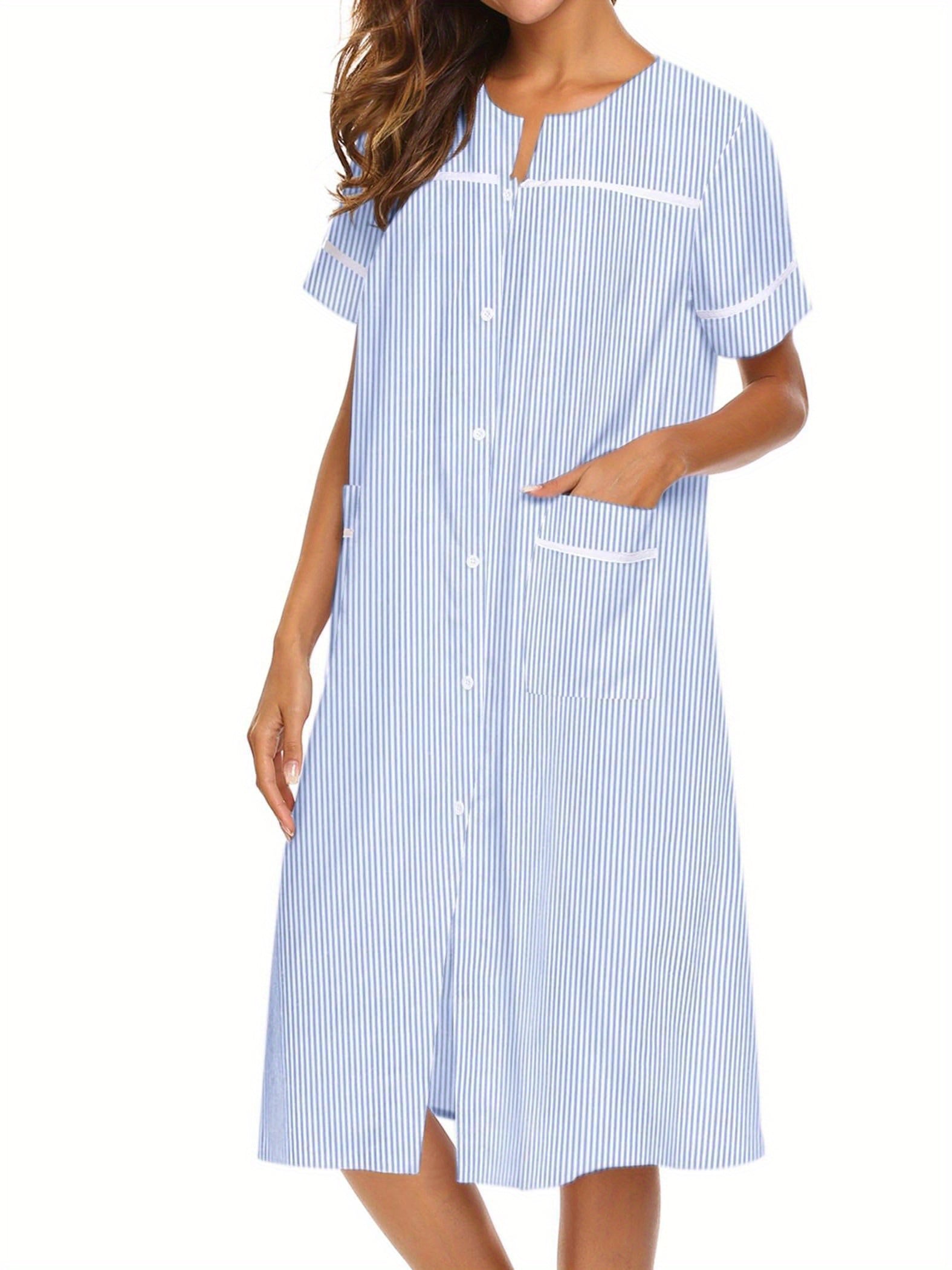 Ladies Nightdress Crew Neck Sleepwear Duster Housecoat  Stripe Print House Dress for Women with Pockets Sleep Dress Womens Button Down Loungewear Casual Pajama Dress Plus Sizes Sleepshirt Short Sleeve Patio Dress Nightgown S-XXL Comfy House Dress MyFave Boutique