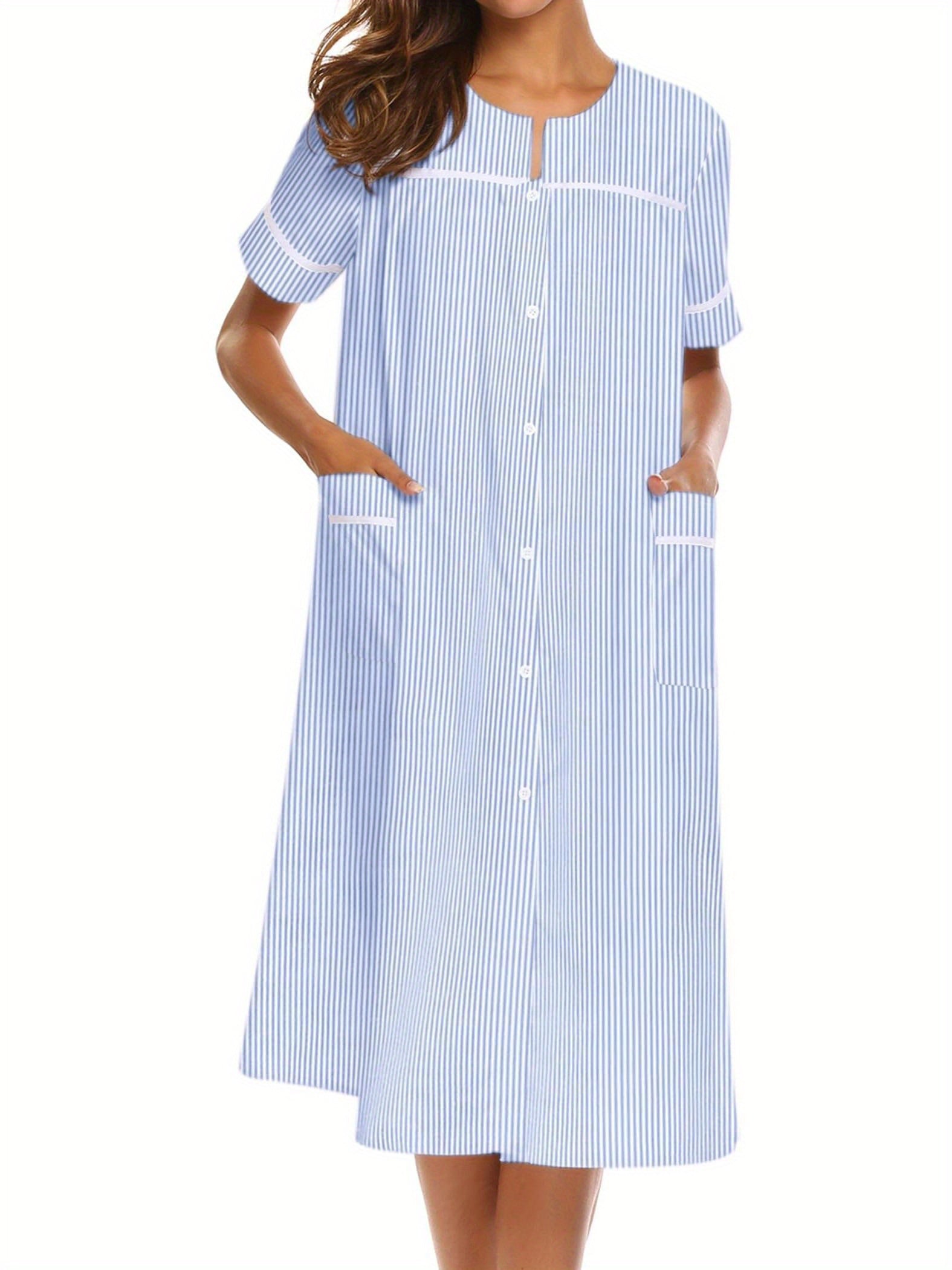 Ladies Nightdress Crew Neck Sleepwear Duster Housecoat  Stripe Print House Dress for Women with Pockets Sleep Dress Womens Button Down Loungewear Casual Pajama Dress Plus Sizes Sleepshirt Short Sleeve Patio Dress Nightgown S-XXL Comfy House Dress MyFave Boutique