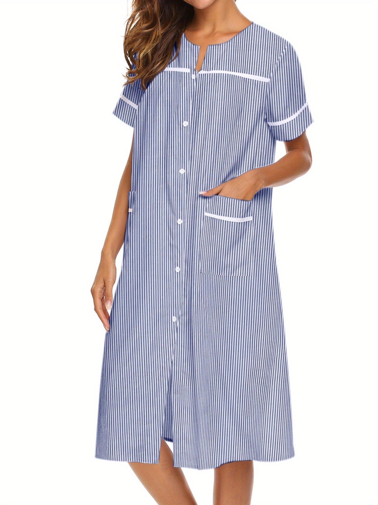 Ladies Nightdress Crew Neck Sleepwear Duster Housecoat  Stripe Print House Dress for Women with Pockets Sleep Dress Womens Button Down Loungewear Casual Pajama Dress Plus Sizes Sleepshirt Short Sleeve Patio Dress Nightgown S-XXL Comfy House Dress MyFave Boutique