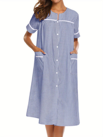 Ladies Nightdress Crew Neck Sleepwear Duster Housecoat  Stripe Print House Dress for Women with Pockets Sleep Dress Womens Button Down Loungewear Casual Pajama Dress Plus Sizes Sleepshirt Short Sleeve Patio Dress Nightgown S-XXL Comfy House Dress MyFave Boutique