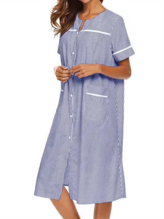 Ladies Nightdress Crew Neck Sleepwear Duster Housecoat  Stripe Print House Dress for Women with Pockets Sleep Dress Womens Button Down Loungewear Casual Pajama Dress Plus Sizes Sleepshirt Short Sleeve Patio Dress Nightgown S-XXL Comfy House Dress MyFave Boutique