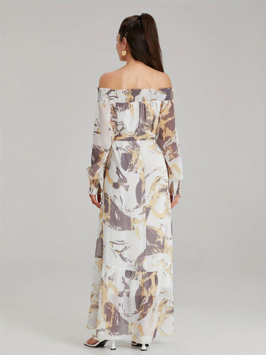 Women's Off-Shoulder Abstract Print Maxi Dress with Belt - Summer Chiffon Long Dress MyFave Boutique