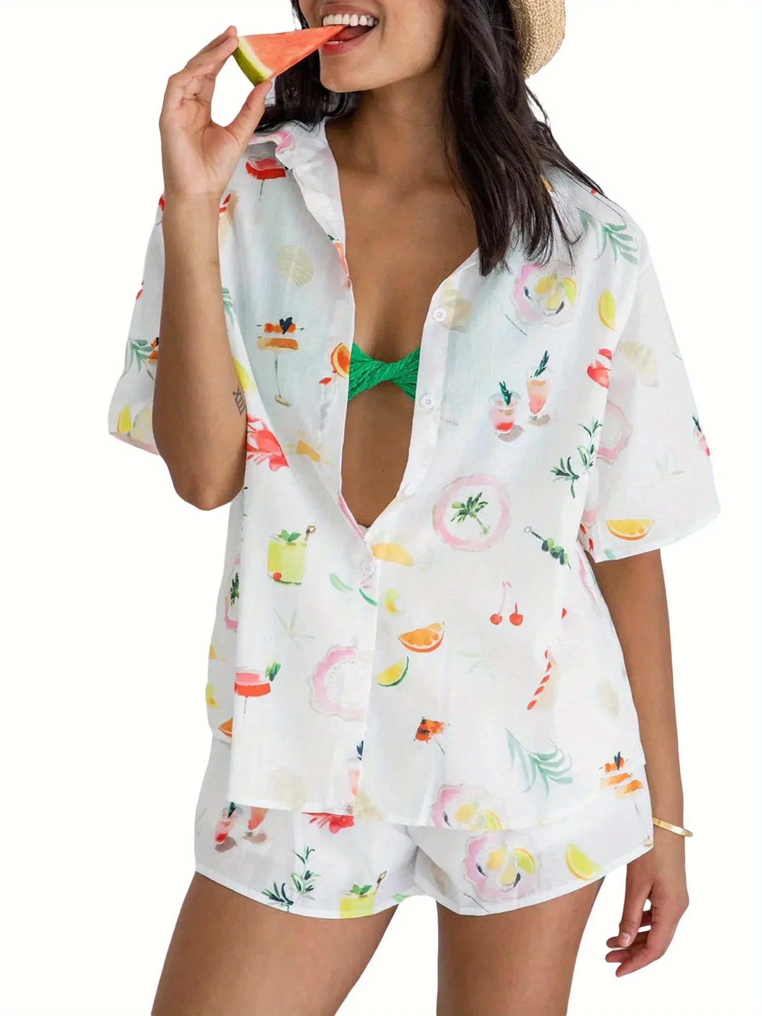 Summer Women's Fruit Print Short Sleeve,2-Piece, Button Down Tops with Shorts Beach Set MyFave Boutique