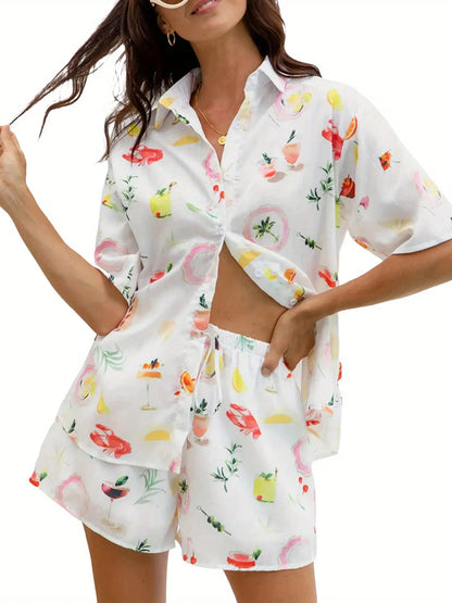 Summer Women's Fruit Print Short Sleeve,2-Piece, Button Down Tops with Shorts Beach Set MyFave Boutique