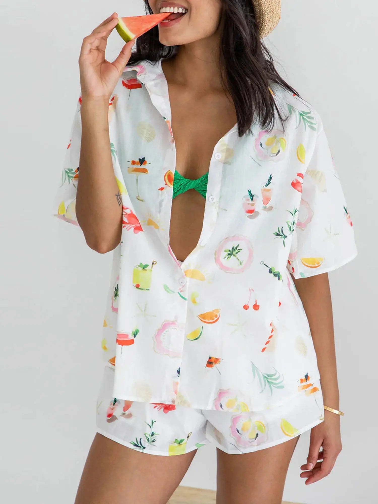 Summer Women's Fruit Print Short Sleeve,2-Piece, Button Down Tops with Shorts Beach Set MyFave Boutique