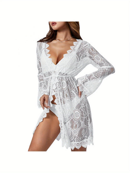 Women's Solid Color Sheer Beach Cover-Up - Casual Vacation Style, Split Long Sleeves - Perfect for Summer & Beach Wear MyFave Boutique